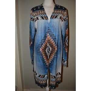 JustFashionNow Open Front Cardigan Size L Blue Aztec Southwest Print Long Sleeve